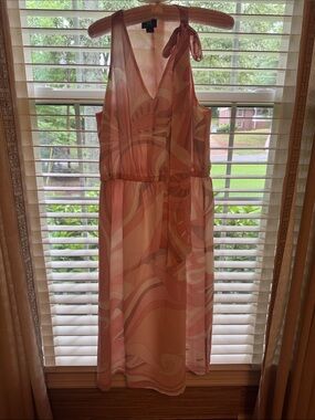 W by Worth Pink and Cream Midi V-Neck Tie-Shoulder Dress